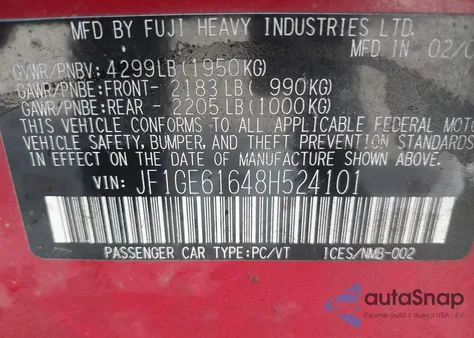 2008 Subaru Impreza 2.5I z USA, uszkodzony, nr VIN JF1GE61648H524101